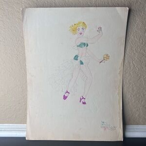 Vintage 1945 Original Pin-Up Dancer Drawing by Alice Dulaney, Signed & Dated